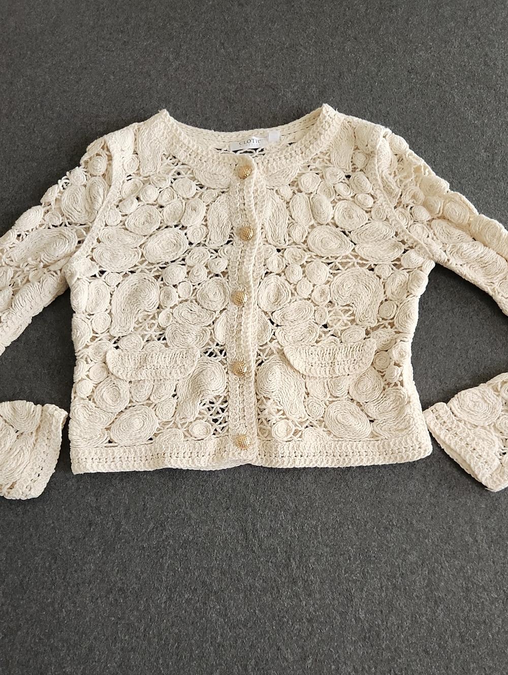 Cloth by Design Womens Cream Crochet Cardigan Sweater Elegant Openwork Knit Sz M
